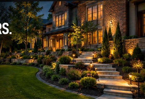 Professionally landscaped home at night